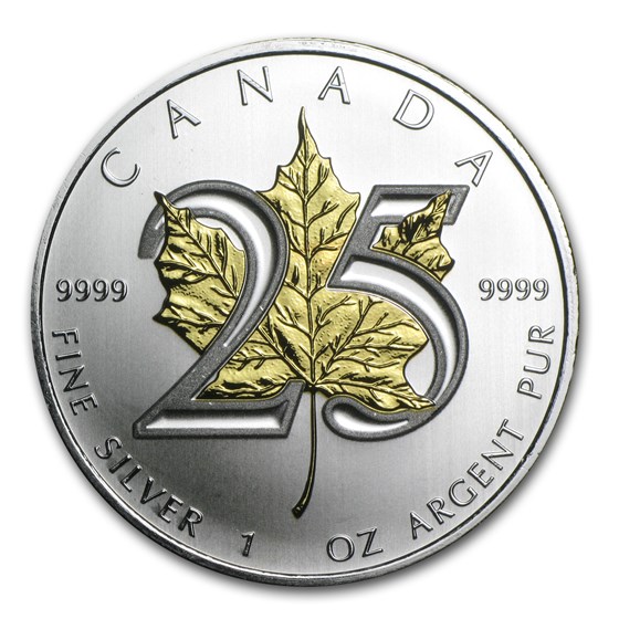 2013 Canada 1 oz Silver Maple Leaf BU (25th Anniv, Gilded Leaf) 2013 Canada 1 oz Silver Maple Leaf BU (25th Anniv, Gilded Leaf)