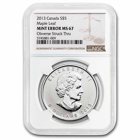 2013 Canada 1 oz Silver Maple Leaf MS-67 NGC (Obv Struck Thru) 2013 Canada 1 oz Silver Maple Leaf MS-67 NGC (Obv Struck Thru)