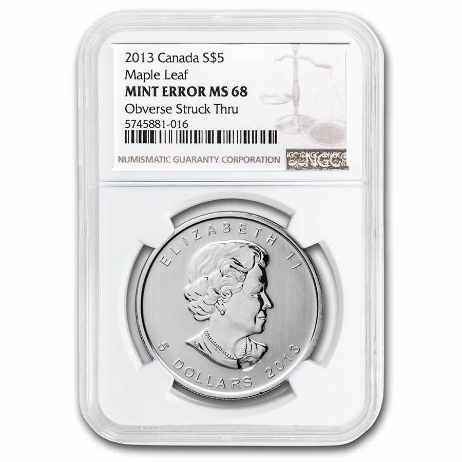 2013 Canada 1 oz Silver Maple Leaf MS-68 NGC (Obv Struck Thru)