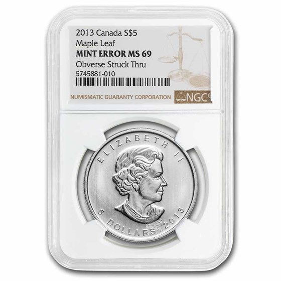 2013 Canada 1 oz Silver Maple Leaf MS-69 NGC (Obv Struck Thru) 2013 Canada 1 oz Silver Maple Leaf MS-69 NGC (Obv Struck Thru)