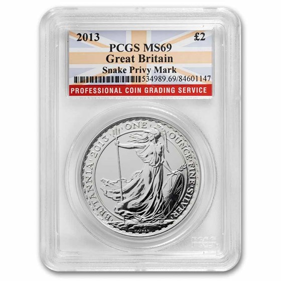 2013 Great Britain 1 oz Silver Britannia (Snake Privy) MS-69 PCGS