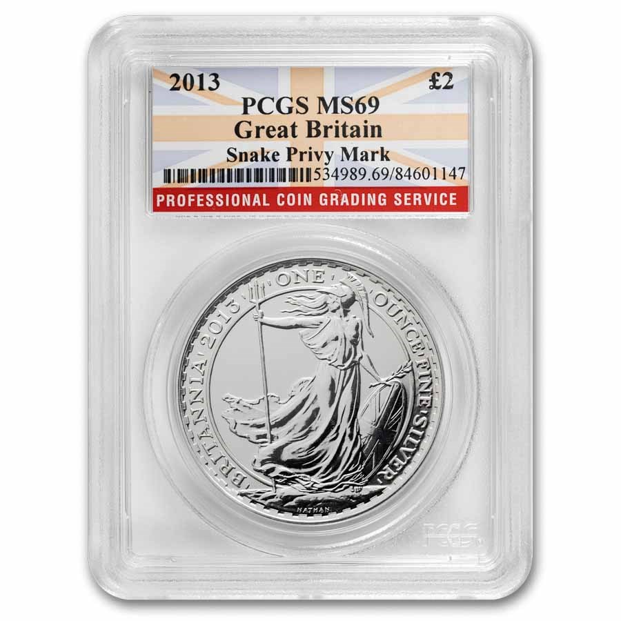 2013 Great Britain 1 oz Silver Britannia (Snake Privy) MS-69 PCGS