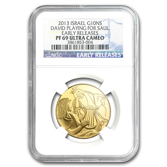 2013 Israel 1/2 oz Prf Gold David Playing for Saul PF-69 NGC (ER) 2013 Israel 1/2 oz Prf Gold David Playing for Saul PF-69 NGC (ER)