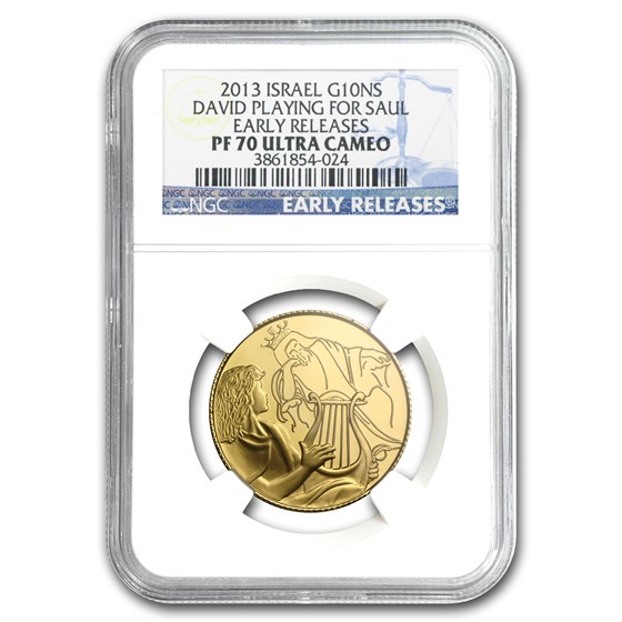 2013 Israel 1/2 oz Prf Gold David Playing for Saul PF-70 NGC (ER) 2013 Israel 1/2 oz Prf Gold David Playing for Saul PF-70 NGC (ER)