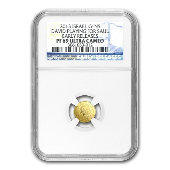 2013 Israel 1/25 oz Pf Gold David Playing for Saul PF-69 NGC (ER) 2013 Israel 1/25 oz Pf Gold David Playing for Saul PF-69 NGC (ER)
