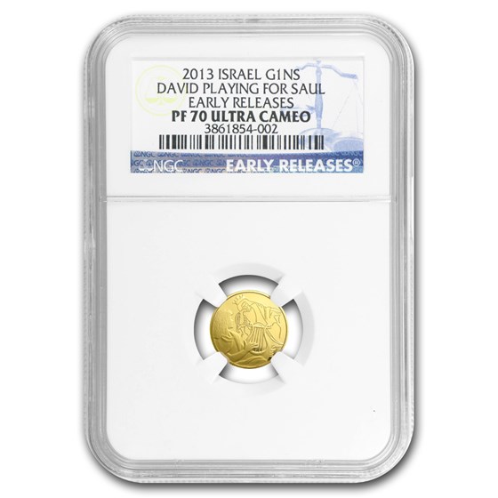 2013 Israel 1/25 oz Pf Gold David Playing for Saul PF-70 NGC (ER) 2013 Israel 1/25 oz Pf Gold David Playing for Saul PF-70 NGC (ER)