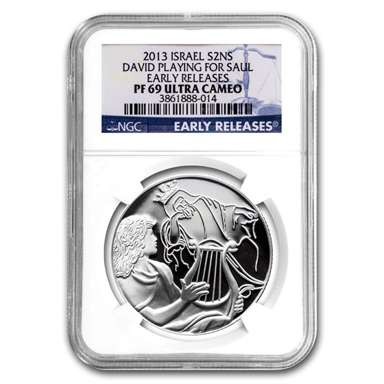 2013 Israel Silver 2 NIS David Playing for Saul PF-69 NGC (ER) 2013 Israel Silver 2 NIS David Playing for Saul PF-69 NGC (ER)