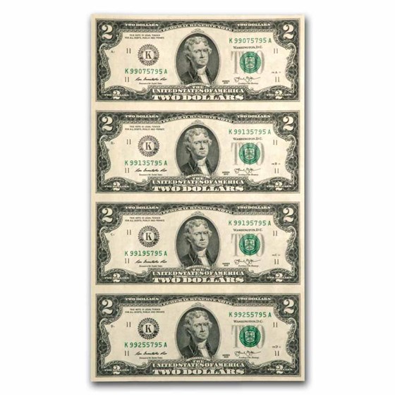 2013 (K-Dallas) $2 FRN CU (Fr#1940-K) 4 Note Uncut sheet 2013 (K-Dallas) $2 FRN CU (Fr#1940-K) 4 Note Uncut sheet