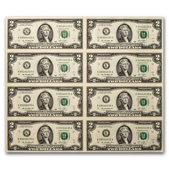 2013 (K-Dallas) $2 FRN CU (Fr#1940-K) 8 Note Uncut sheet 2013 (K-Dallas) $2 FRN CU (Fr#1940-K) 8 Note Uncut sheet