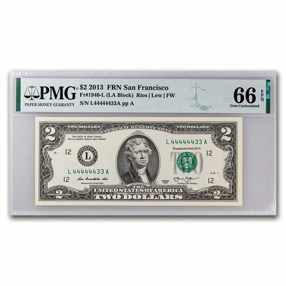 2013 (L-San Fran) $2.00 FRN CU-66 EPQ PMG (Fr#1940-L) Near Solid 2013 (L-San Fran) $2.00 FRN CU-66 EPQ PMG (Fr#1940-L) Near Solid