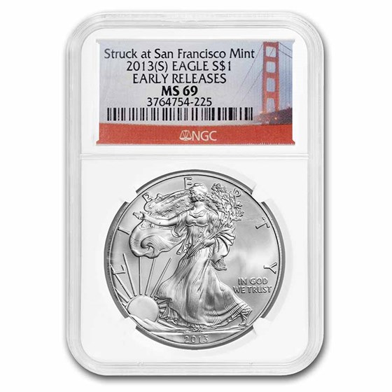 2013 (S) Silver Eagle MS-69 NGC (Golden Gate Bridge Label) 2013 (S) Silver Eagle MS-69 NGC (Golden Gate Bridge Label)