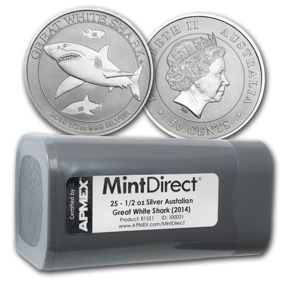 2014 1/2 oz Silver Great White Shark (25-Coin MintDirect® Tube) 2014 1/2 oz Silver Great White Shark (25-Coin MintDirect® Tube)
