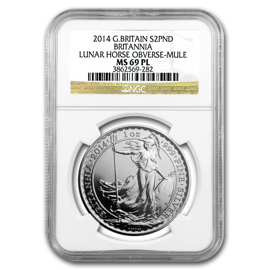 2014 1 oz Silver Britannia Mule MS-69 PL NGC (w/Lunar Horse Obv)