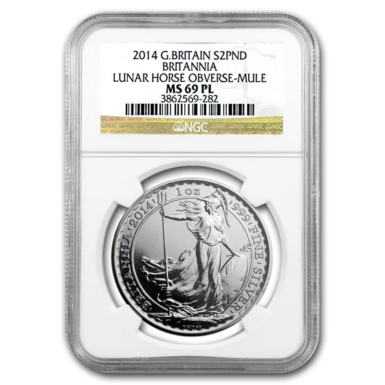 2014 1 oz Silver Britannia Mule MS-69 PL NGC (w/Lunar Horse Obv) 2014 1 oz Silver Britannia Mule MS-69 PL NGC (w/Lunar Horse Obv)
