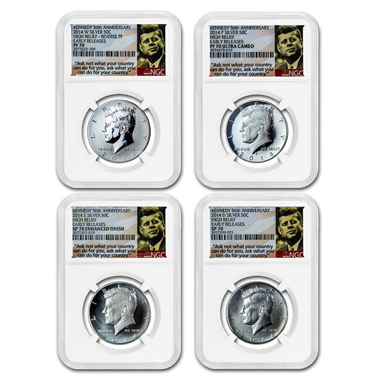 2014 4-Coin 50th Anniv Kennedy 1/2 Dollar Set SP/PF-70 NGC (ER) 2014 4-Coin 50th Anniv Kennedy 1/2 Dollar Set SP/PF-70 NGC (ER)