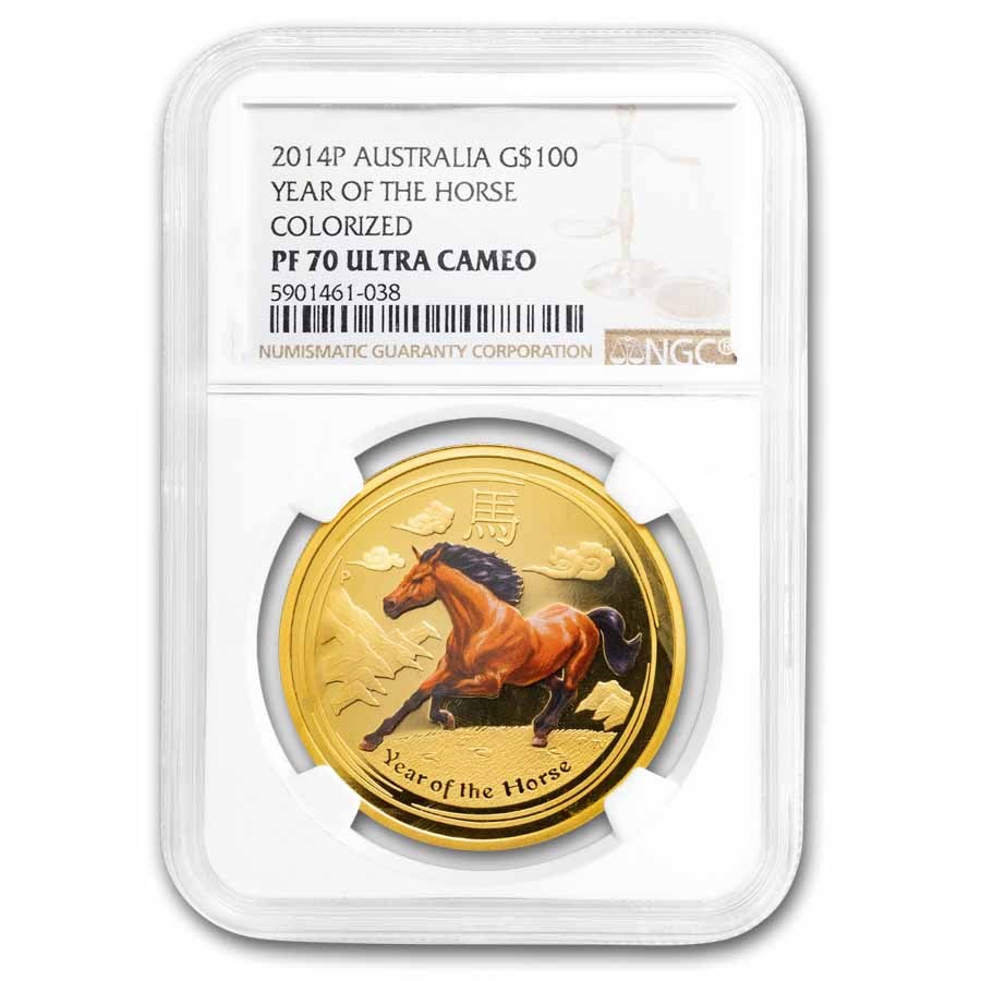 2014 AUS 1 oz Gold Lunar Horse PF-70 NGC UC (SII, Colorized)