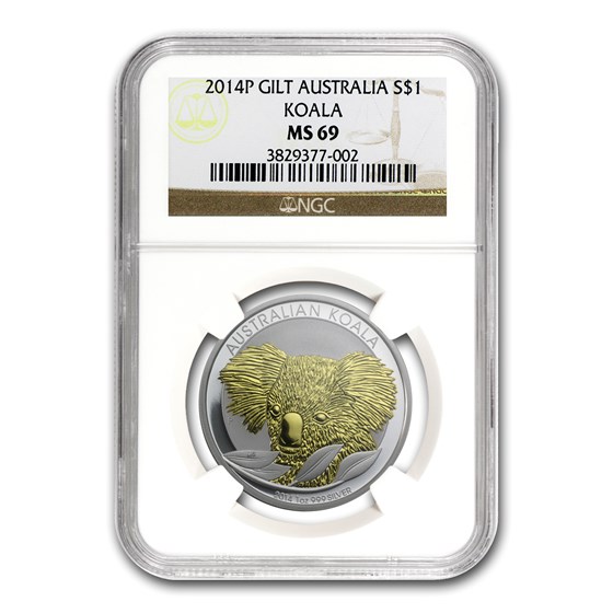 2014 Australia 1 oz Silver Koala MS-69 NGC (Gilded)