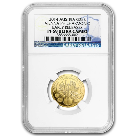 2014 Austria 1/4 oz Proof Gold Philharmonic PF-69 NGC (ER) 2014 Austria 1/4 oz Proof Gold Philharmonic PF-69 NGC (ER)