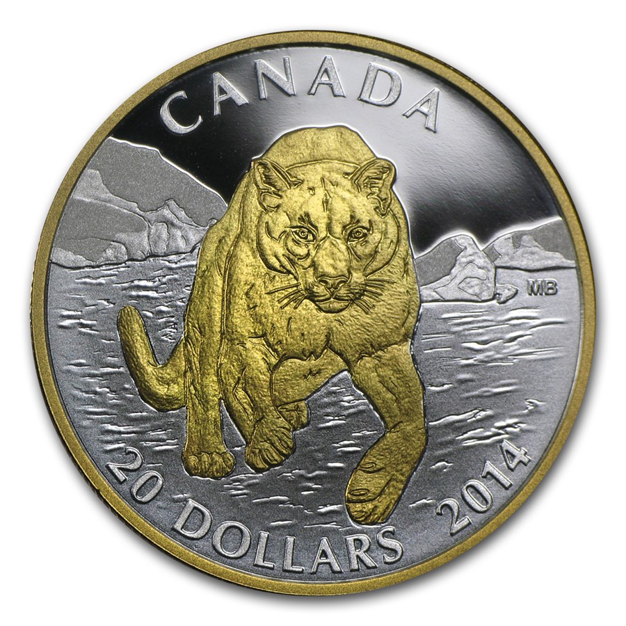 2014 Canada 1 oz Silver $20 Cougar In The Snow (Gilded)