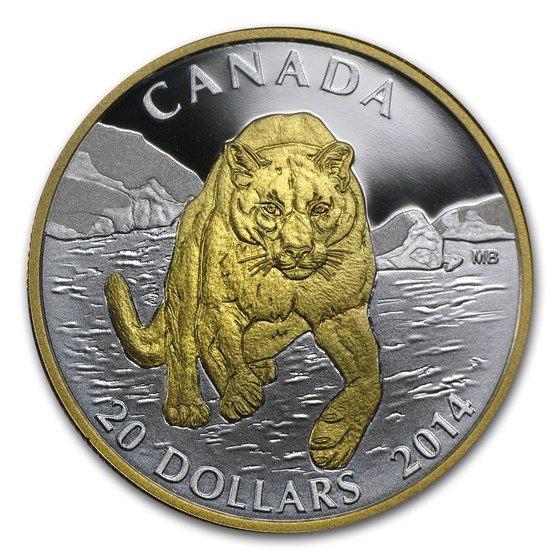 2014 Canada 1 oz Silver $20 Cougar In The Snow (Gilded) 2014 Canada 1 oz Silver $20 Cougar In The Snow (Gilded)