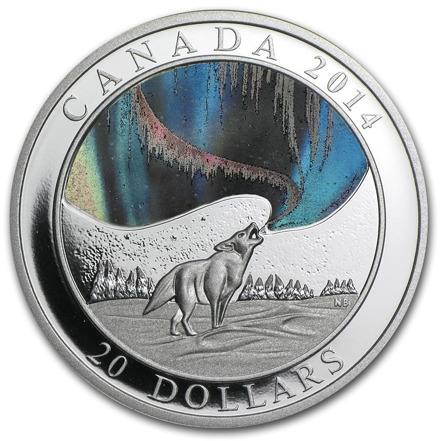 2014 Canada 1 oz Silver $20 Northern Lights Howling Wolf