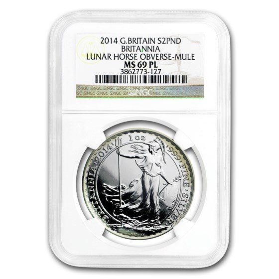 2014 GB 1oz Britannia Mule MS-69PL NGC (w/Lunar Horse Obv, Dmgd) 2014 GB 1oz Britannia Mule MS-69PL NGC (w/Lunar Horse Obv, Dmgd)