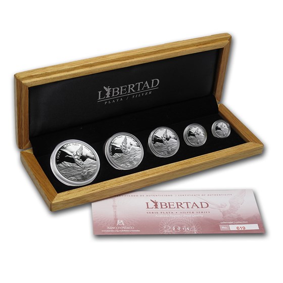 2014 Mexico 5-Coin Silver Libertad Proof Set (1.9 oz, Wood Box) 2014 Mexico 5-Coin Silver Libertad Proof Set (1.9 oz, Wood Box)
