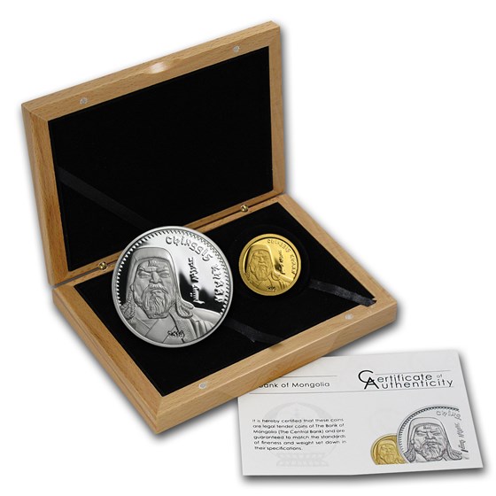 2014 Mongolia 1/2 gram Gold & 1 oz Silver Chinggis Khaan Prf Set 2014 Mongolia 1/2 gram Gold & 1 oz Silver Chinggis Khaan Prf Set