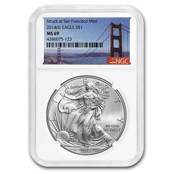 2014 (S) Silver Eagle MS-69 NGC (Golden Gate Bridge Label) 2014 (S) Silver Eagle MS-69 NGC (Golden Gate Bridge Label)