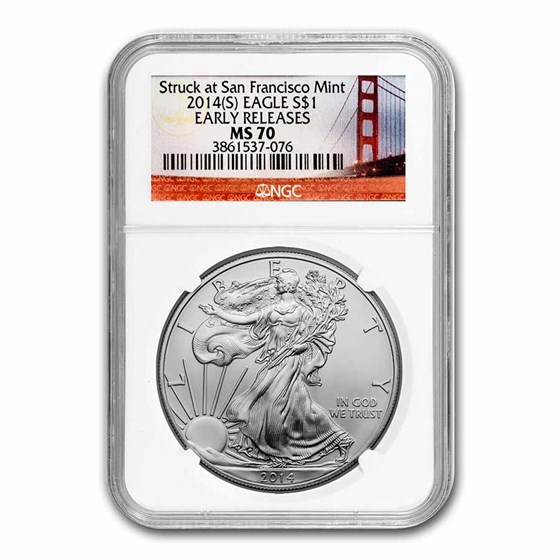 2014 (S) Silver Eagle MS-70 NGC (ER, Golden Gate Bridge Label) 2014 (S) Silver Eagle MS-70 NGC (ER, Golden Gate Bridge Label)