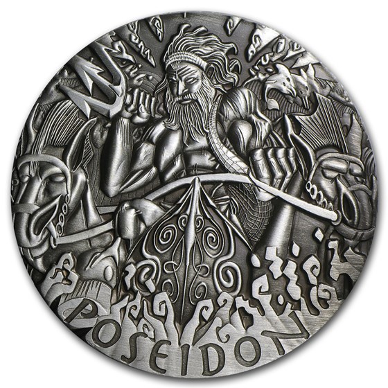 2014 Tuvalu 2 oz Ag Gods of Olympus Poseidon BU (HR, Antiqued)