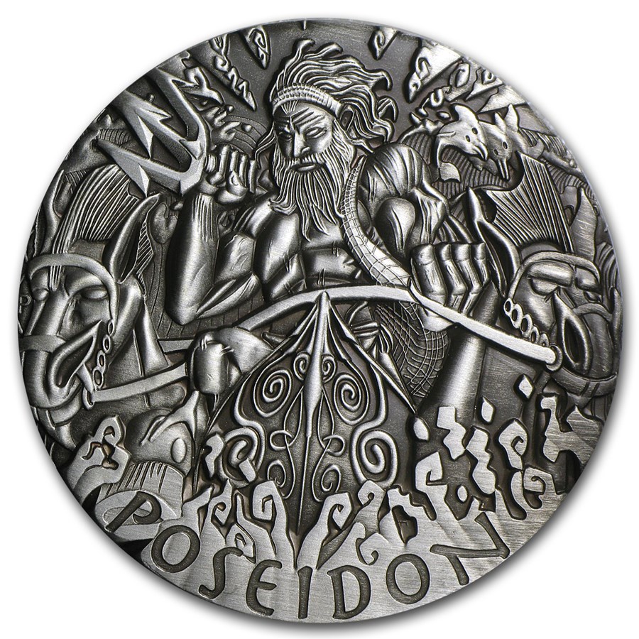 2014 Tuvalu 2 oz Ag Gods of Olympus Poseidon BU (HR, Antiqued)