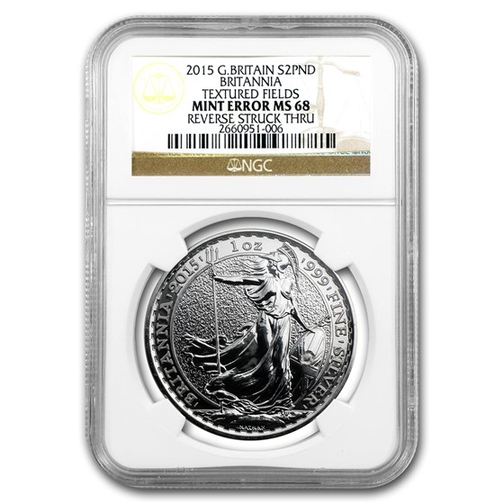 2015 1 oz Silver Britannia Rev Struck Thru MS-68 NGC (Mint Error) 2015 1 oz Silver Britannia Rev Struck Thru MS-68 NGC (Mint Error)
