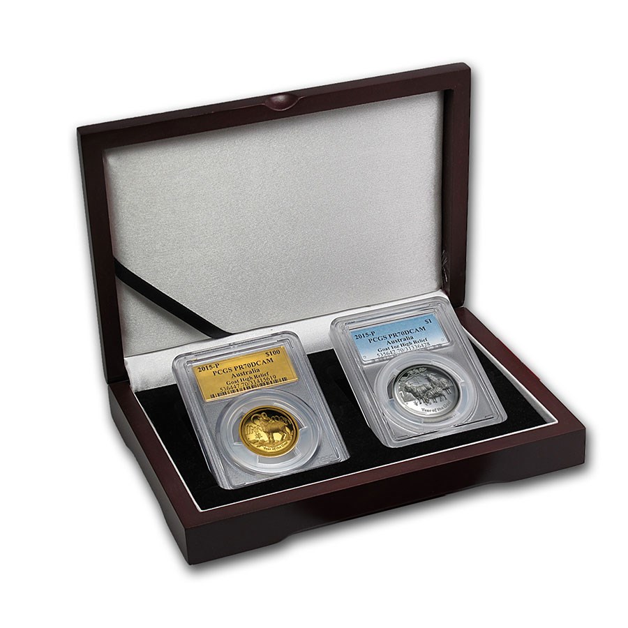 2015 2-Pc 1 oz Gold & Silver High Relief Goat Set PR-70 PCGS