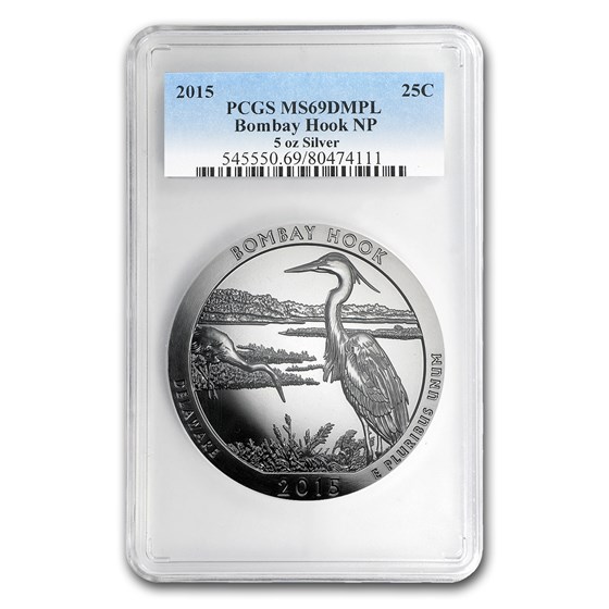 2015 5 oz Silver ATB Bombay Hook MS-69 DMPL PCGS (FirstStrike®) 2015 5 oz Silver ATB Bombay Hook MS-69 DMPL PCGS (FirstStrike®)