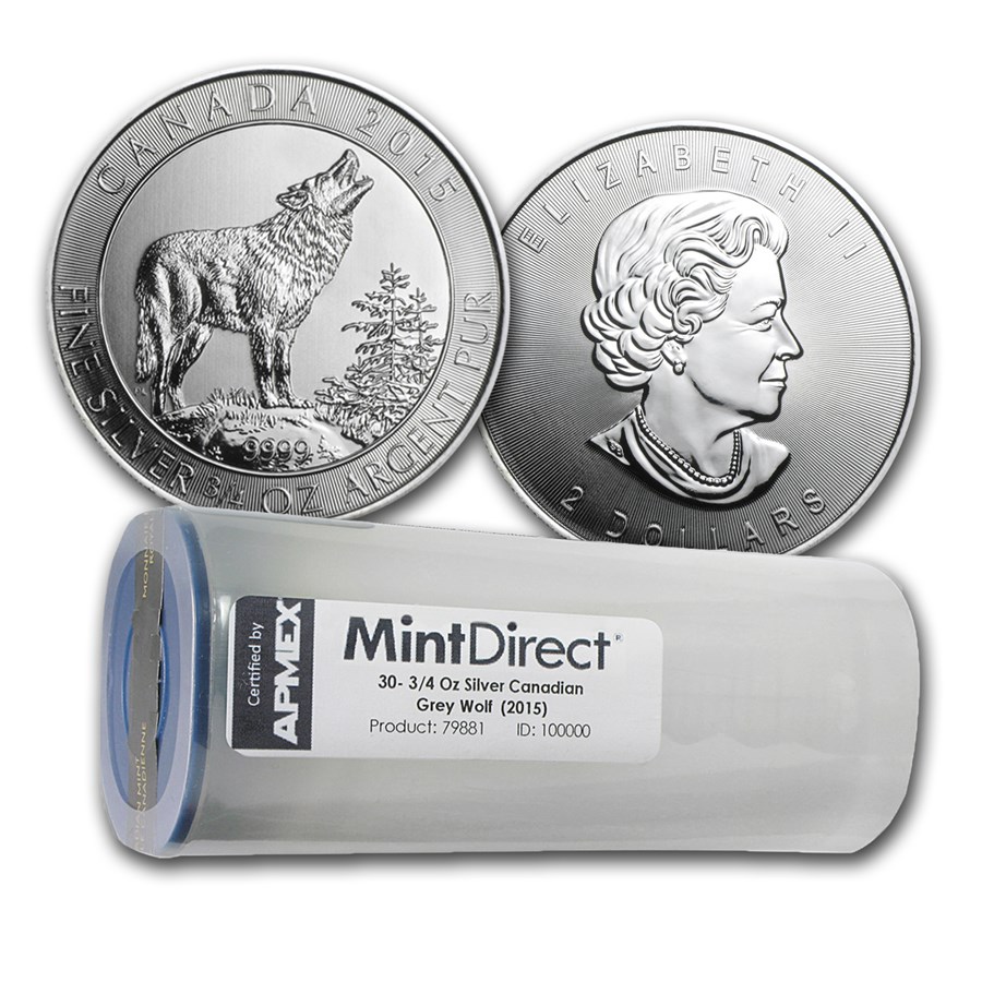 2015 Canada 3/4 oz Silver Grey Wolf (30-Coin MintDirect® Tube)