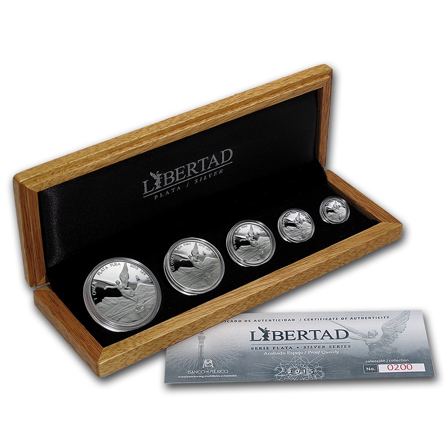 2015 Mexico 5-Coin Silver Libertad Proof Set (1.9 oz, Wood Box)