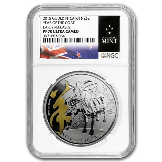 2015 Niue 1 oz Silver $2 Lunar Goat PF-70 NGC (Gilded) 2015 Niue 1 oz Silver $2 Lunar Goat PF-70 NGC (Gilded)