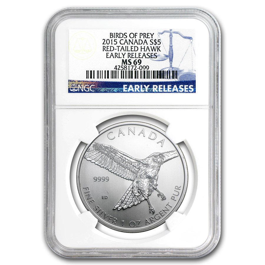 2015 RCM 1 oz Silver Birds of Prey Red Tailed Hawk MS-69 NGC (ER)