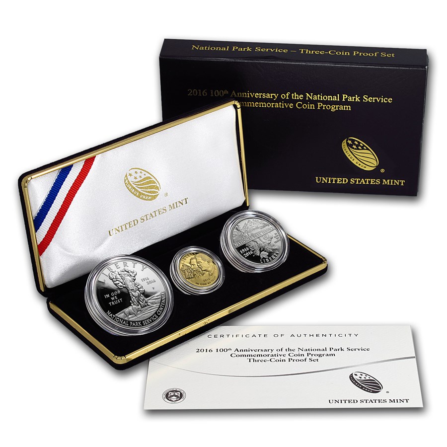 2016 3-Coin 100th Anniv National Park Service Prf Set (Box & COA)