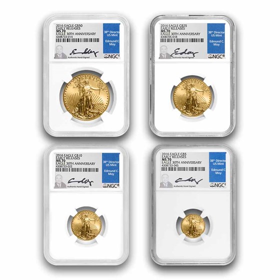2016 4-Coin American Gold Eagle Set MS-70 NGC (ER, Moy Signed)