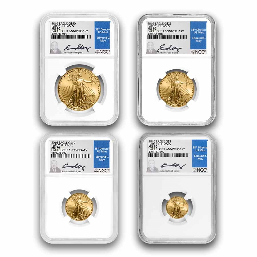 2016 4-Coin American Gold Eagle Set MS-70 NGC (ER, Moy Signed)