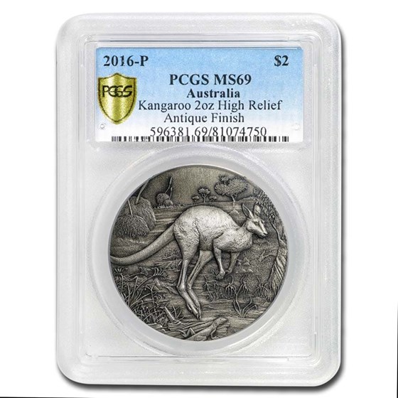 2016 Australia 2 oz Silver HR Kangaroo MS-69 PCGS (Antiqued) 2016 Australia 2 oz Silver HR Kangaroo MS-69 PCGS (Antiqued)
