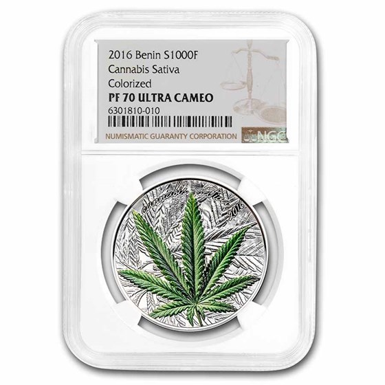 2016 Benin 1 oz Silver 1000 Francs CFA Cannabis Leaf PF-70 NGC 2016 Benin 1 oz Silver 1000 Francs CFA Cannabis Leaf PF-70 NGC