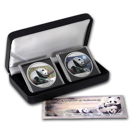 2016 China 2-Coin 30 gram Silver Panda Set Day/Night (Colored) 2016 China 2-Coin 30 gram Silver Panda Set Day/Night (Colored)
