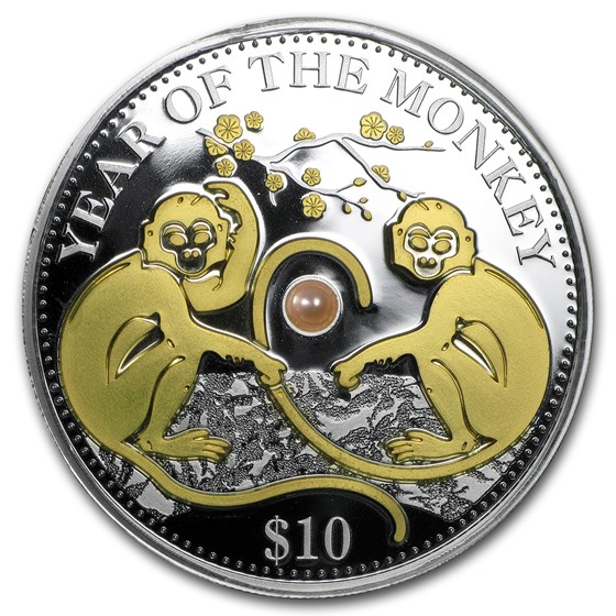 2016 Fiji 1 oz Silver Year of the Monkey (Gold Gilded w/Pearl)