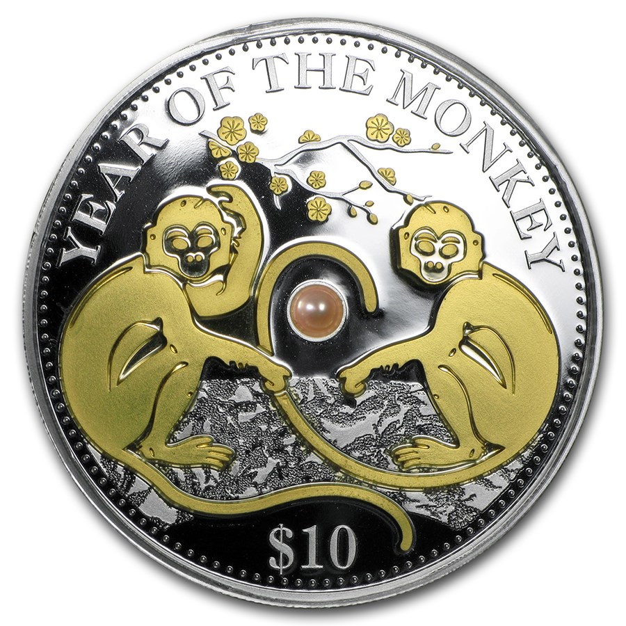 2016 Fiji 1 oz Silver Year of the Monkey (Gold Gilded w/Pearl)