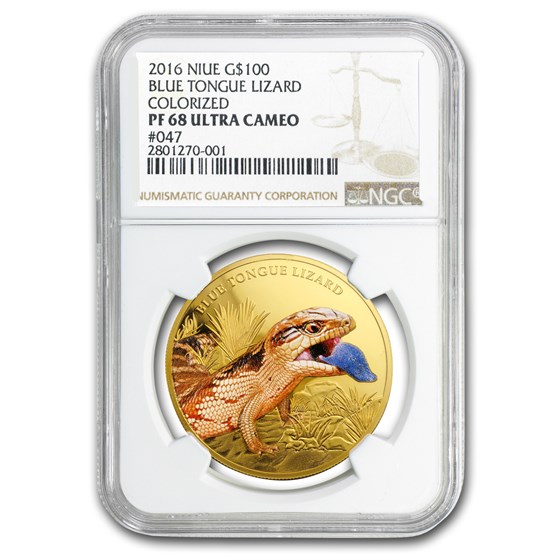 2016 Niue 1 oz Proof Gold Blue Tongue Lizard PF-68 NGC 2016 Niue 1 oz Proof Gold Blue Tongue Lizard PF-68 NGC