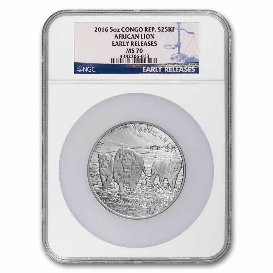 2016 Rep. of Congo 25000 Francs 5 oz Ag African Lion MS-70 NGC ER