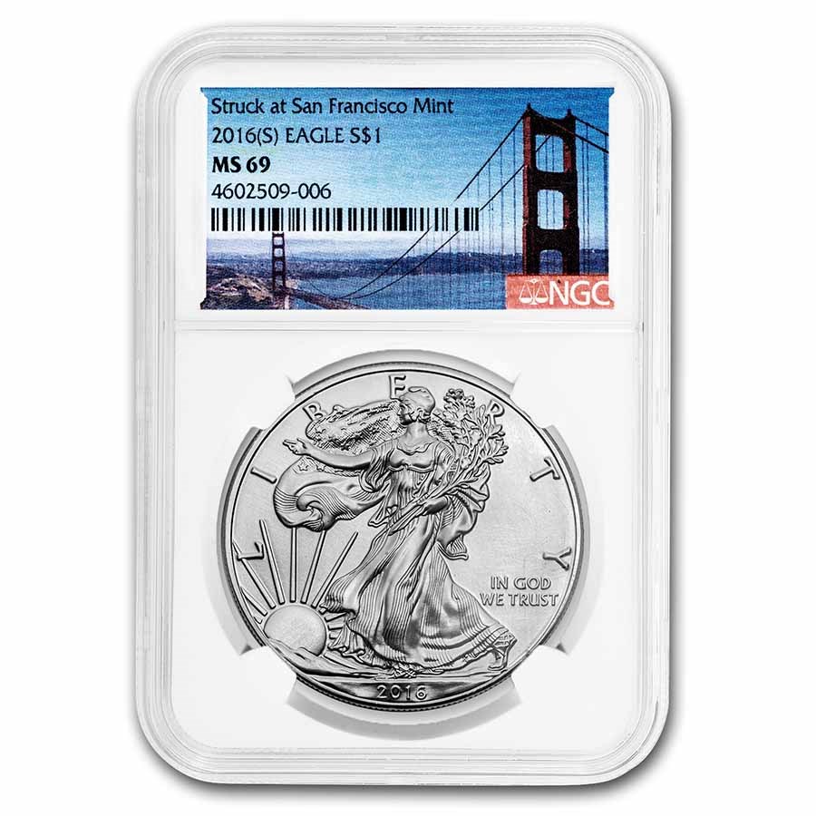 2016 (S) Silver Eagle MS-69 NGC (Golden Gate Bridge Label)